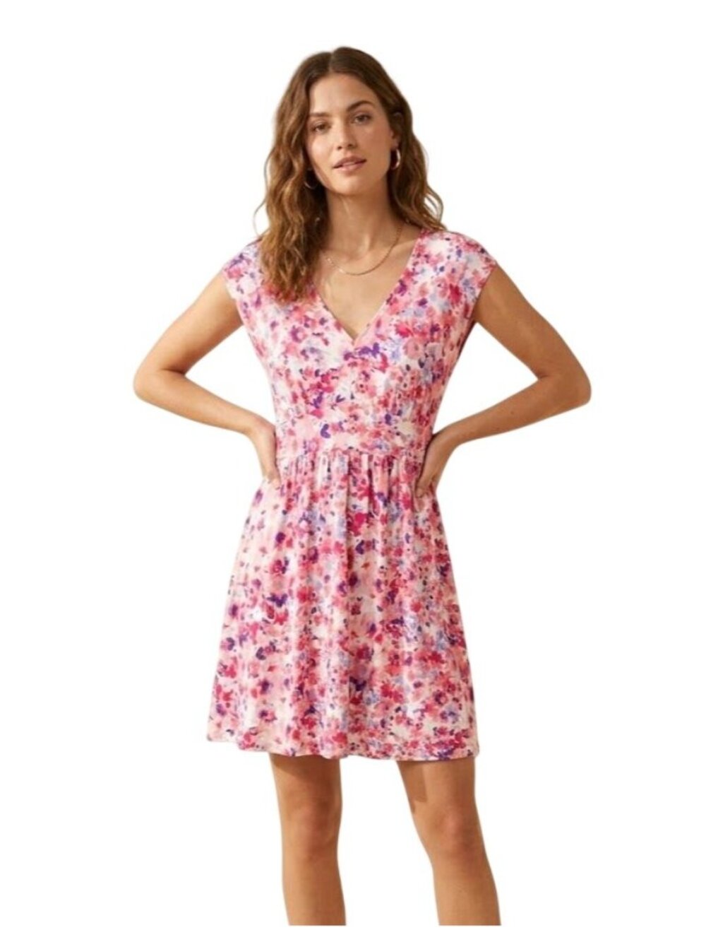 PS Kate Mini Dress Size Small Floral VNeck Empire Waist Pink Purple Boho Cottage